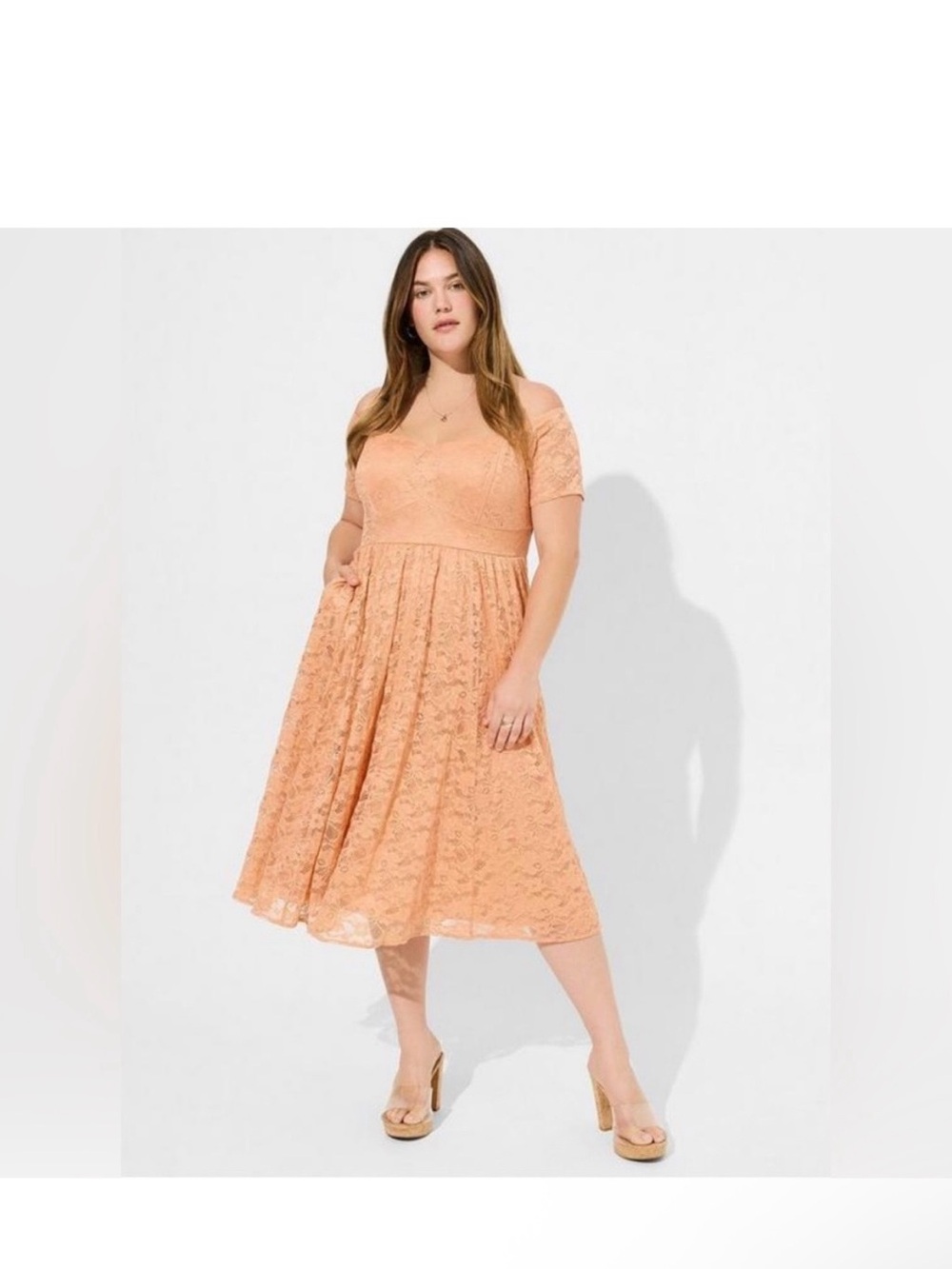 NWT Torrid Midi Lace Off Shoulder Skater Dress in Peach Bloom, Size 2 (2X)